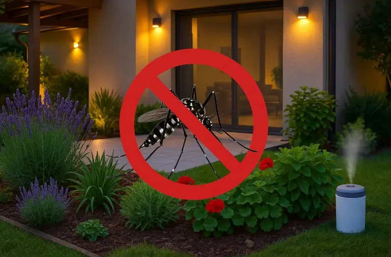 Jardín con lavanda, geranios y citronela, señal de prohibido con mosquito tigre, iluminación LED cálida, mosquitera motorizada en la terraza y difusor inteligente funcionando