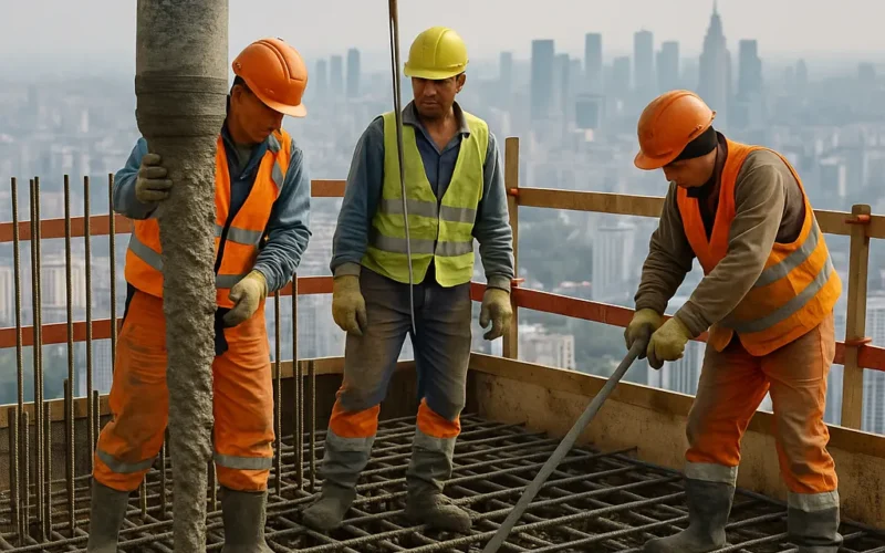 Trabajadores hormigonando a gran altura en un rascacielos con la ciudad de fondo.