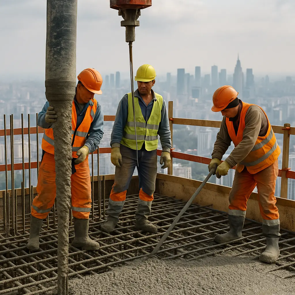 Trabajadores hormigonando a gran altura en un rascacielos con la ciudad de fondo.