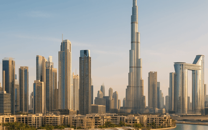 Skyline de Dubái con rascacielos y viviendas de lujo en auge inmobiliario