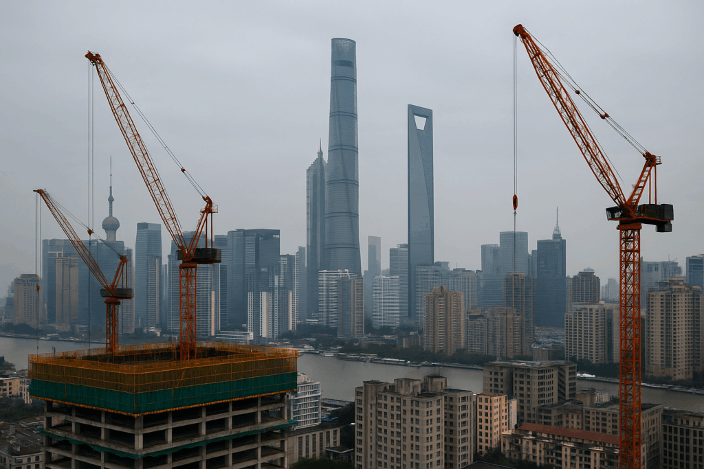 Skyline en China con grúas paradas y edificios a medio construir
