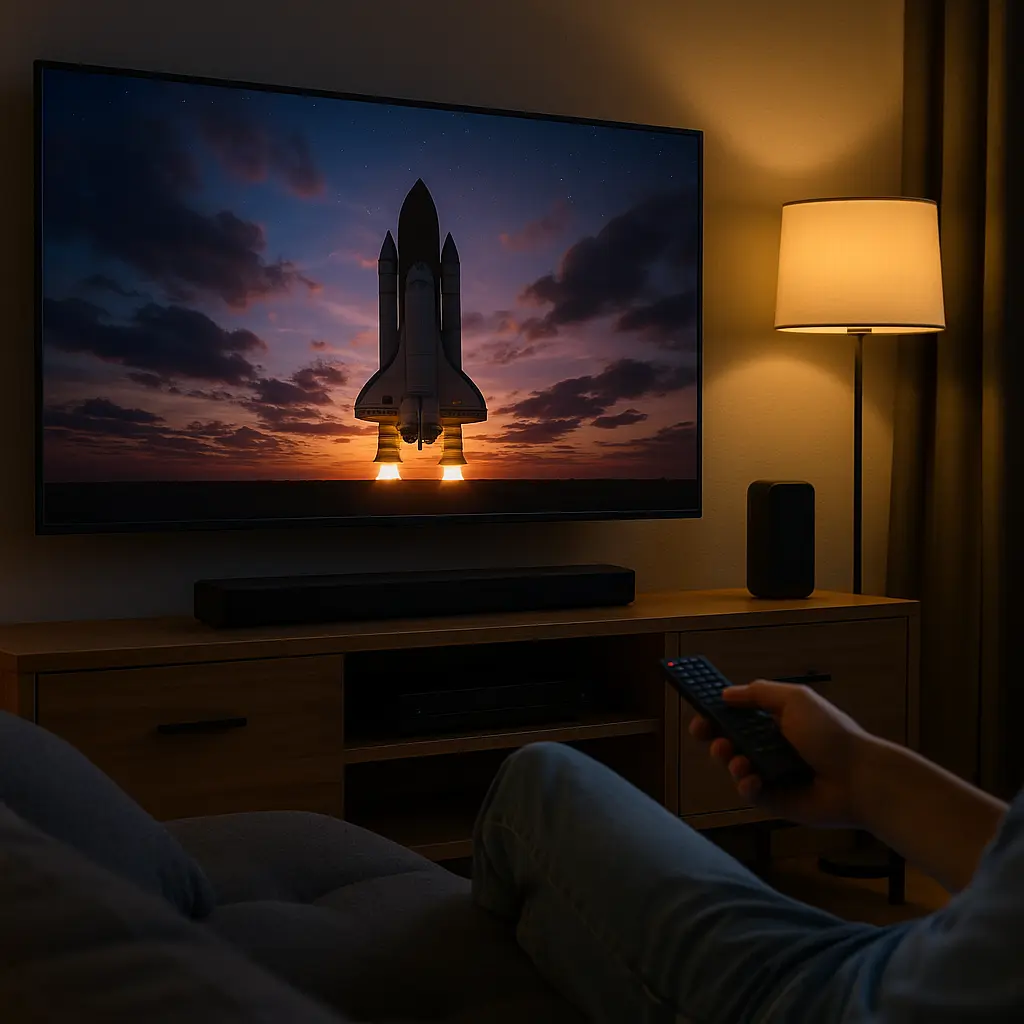 Salón moderno con cine en casa y televisor de gran pantalla