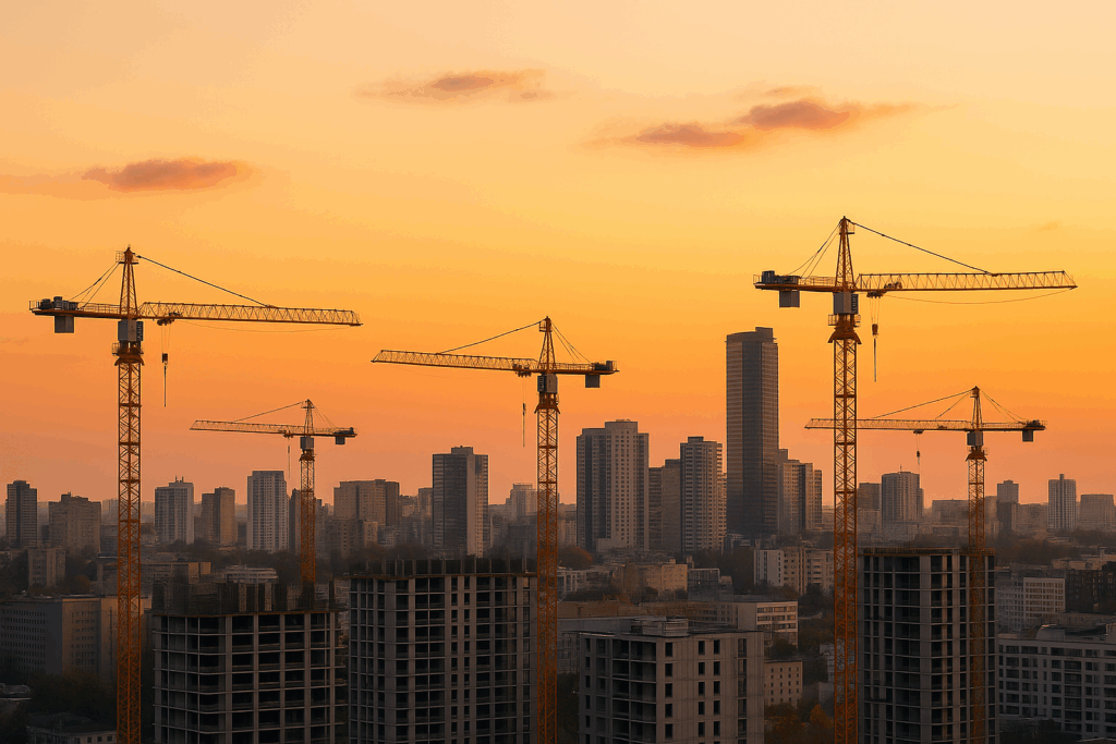 Grúas torre y edificios en construcción frente al skyline urbano al atardecer