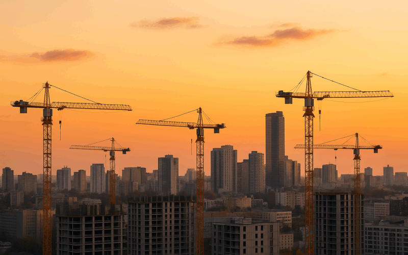 Grúas torre y edificios en construcción frente al skyline urbano al atardecer