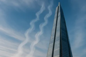 Rascacielos moderno con corrientes de aire ascendentes que representan el efecto chimenea