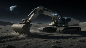 Excavadora lunar de Komatsu trabajando sobre regolito en la Luna