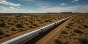 Vista aérea realista del gasoducto Néstor Kirchner 2026 en la llanura argentina