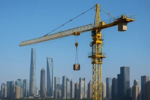 Grúa torre amarilla trabajando en la construcción de un rascacielos con fondo urbano