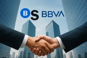 Portada sobre hipotecas Sabadell tras OPA BBVA con logos de ambos bancos