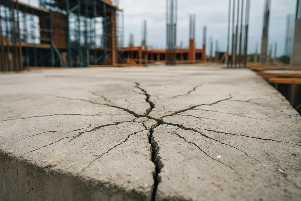 Losa de hormigón con fisuras visibles por retracción en una obra en construcción