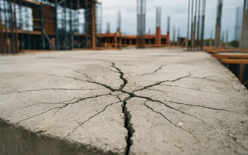 Losa de hormigón con fisuras visibles por retracción en una obra en construcción