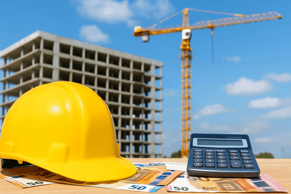 Casco de obra amarillo, billetes de euro y calculadora frente a edificio en construcción y grúa