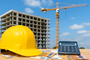 Casco de obra amarillo, billetes de euro y calculadora frente a edificio en construcción y grúa