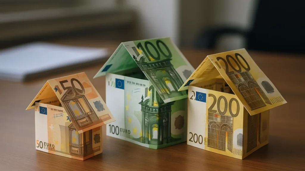Casas hechas con billetes de euros sobre mesa de despacho, ilustrando impuestos sobre vivienda