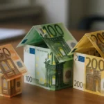 Casas hechas con billetes de euros sobre mesa de despacho, ilustrando impuestos sobre vivienda