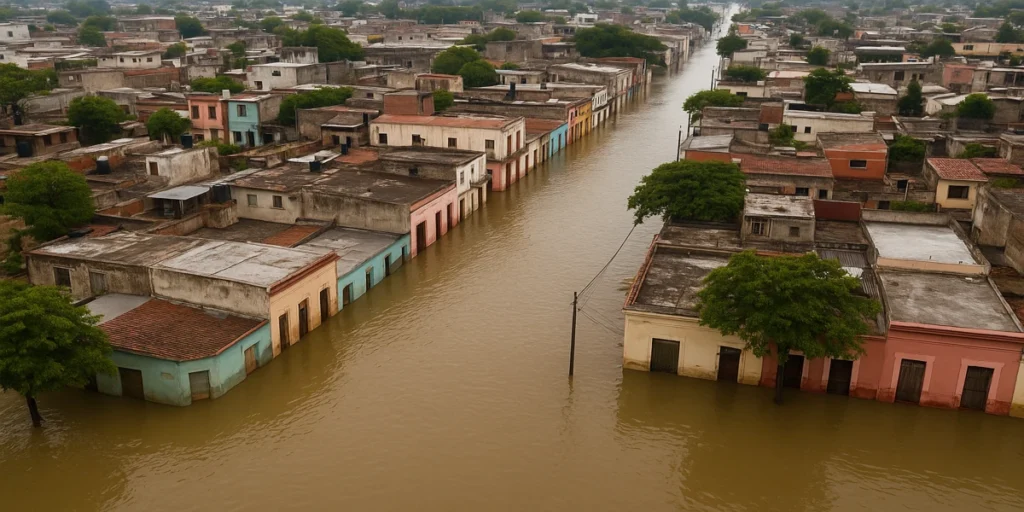 Vista aérea realista de una ciudad latinoamericana inundada como ejemplo del impacto del cambio climático
