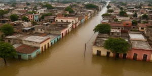 Vista aérea realista de una ciudad latinoamericana inundada como ejemplo del impacto del cambio climático