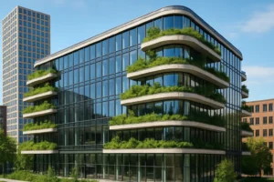 Edificio de oficinas sostenible con fachada acristalada y terrazas ajardinadas, arquitectura moderna certificada en construcción verde.