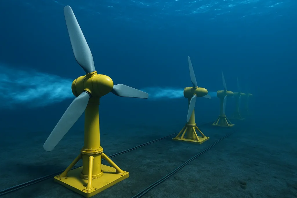 Turbinas submarinas amarillas generando energía mareomotriz en el fondo marino