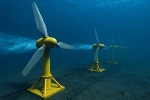 Turbinas submarinas amarillas generando energía mareomotriz en el fondo marino