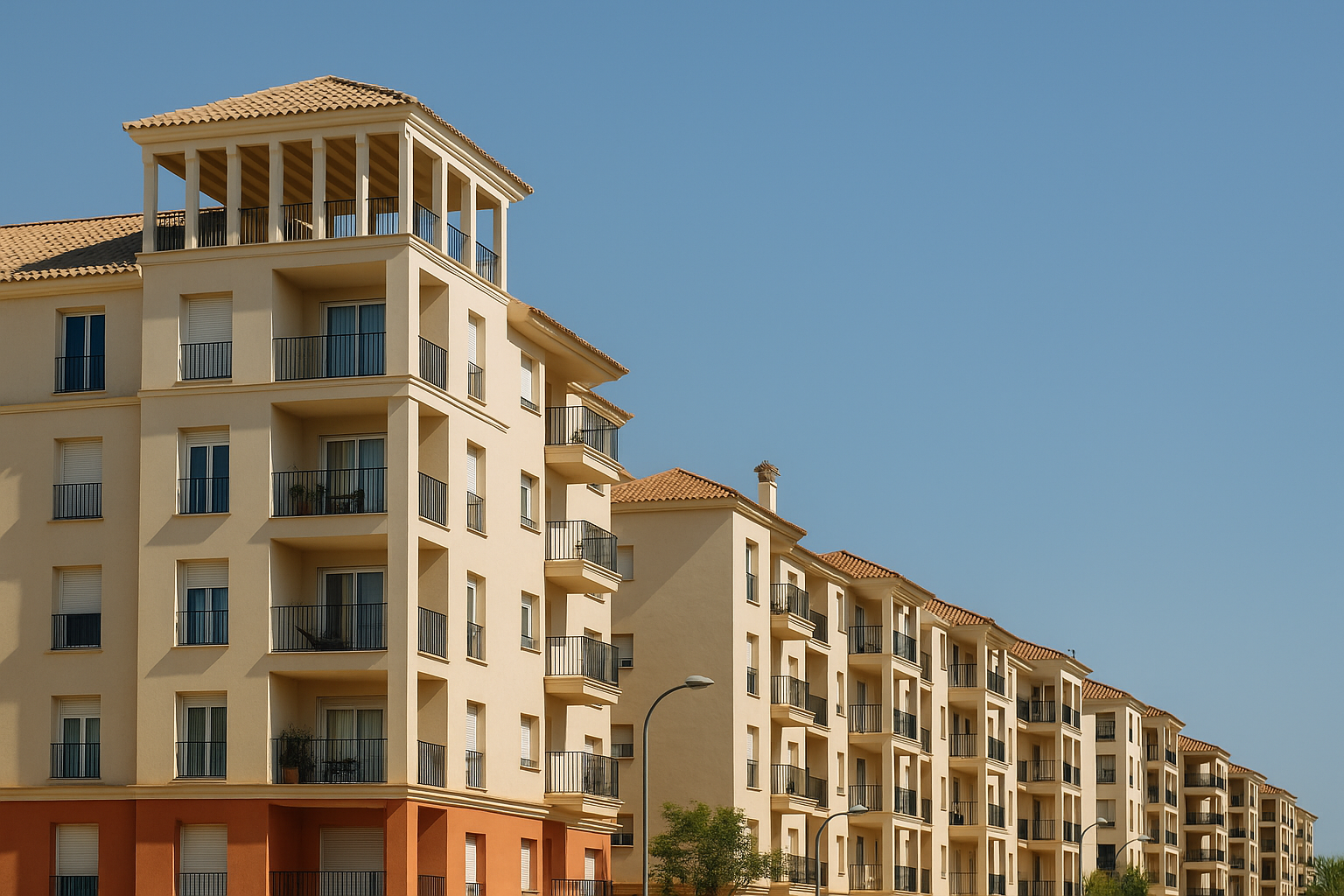 Edificios residenciales modernos en Andalucía bajo un cielo mediterráneo