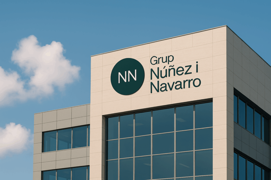 Edificio corporativo en Barcelona con el logo oficial de Núñez i Navarro en la fachada, representando su aumento del 36 % en 2025.