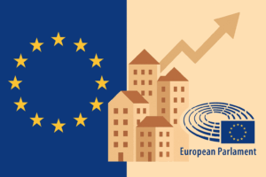 Ilustración conceptual del Parlamento Europeo en Bruselas con grúas de construcción, simbolizando el impulso a la construcción de vivienda nueva en Europa