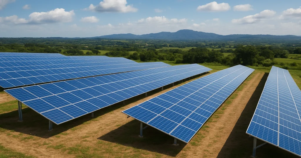 Vista aérea de plantas fotovoltaicas en Panamá, parque solar en La Chorrera