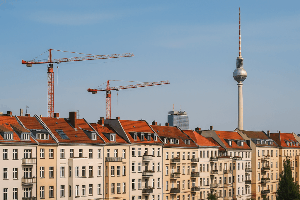 Skyline de Berlín con la Torre de TV y grúas de construcción