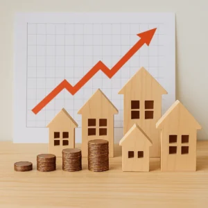 Gráfica conceptual con casas y monedas que representan la subida del precio de la vivienda en España