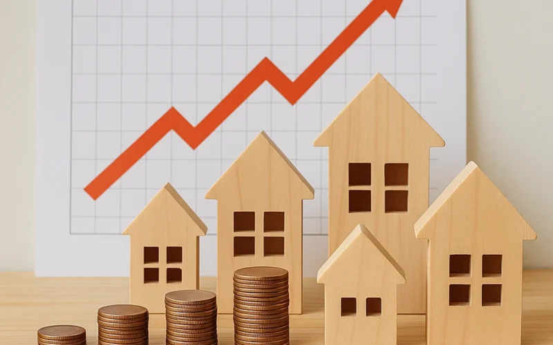 Gráfica conceptual con casas y monedas que representan la subida del precio de la vivienda en España