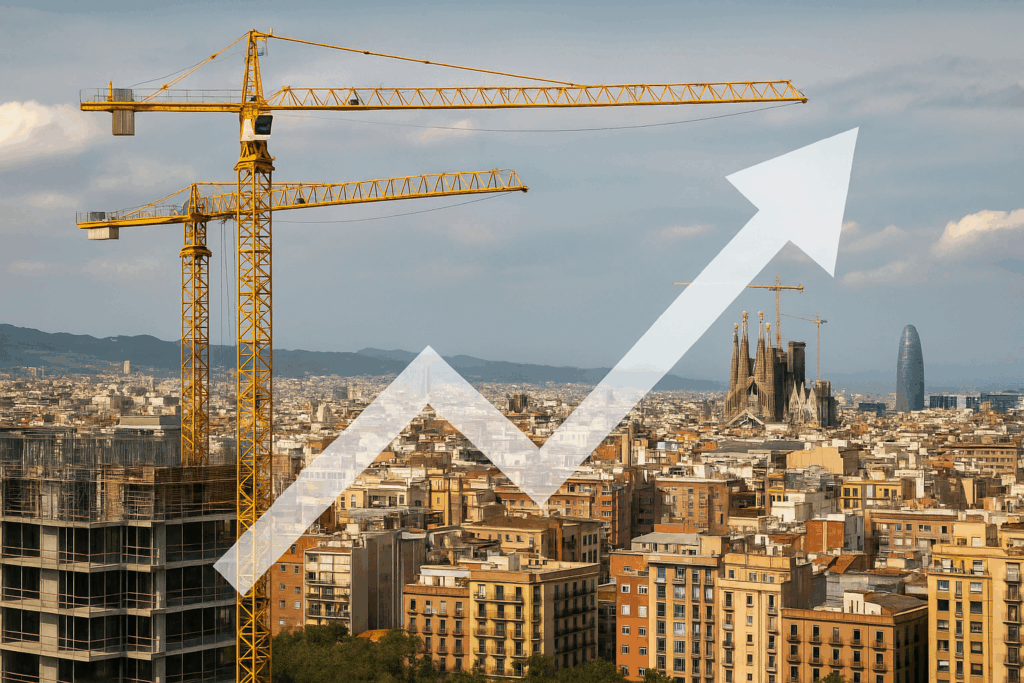 Grúas y edificios en construcción en Madrid con una flecha ascendente sutil en el cielo que representa el récord de compraventa de viviendas en España en julio de 2025
