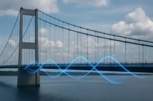 Puente colgante con representación visual de vibraciones de resonancia en color azul sobre el tablero.