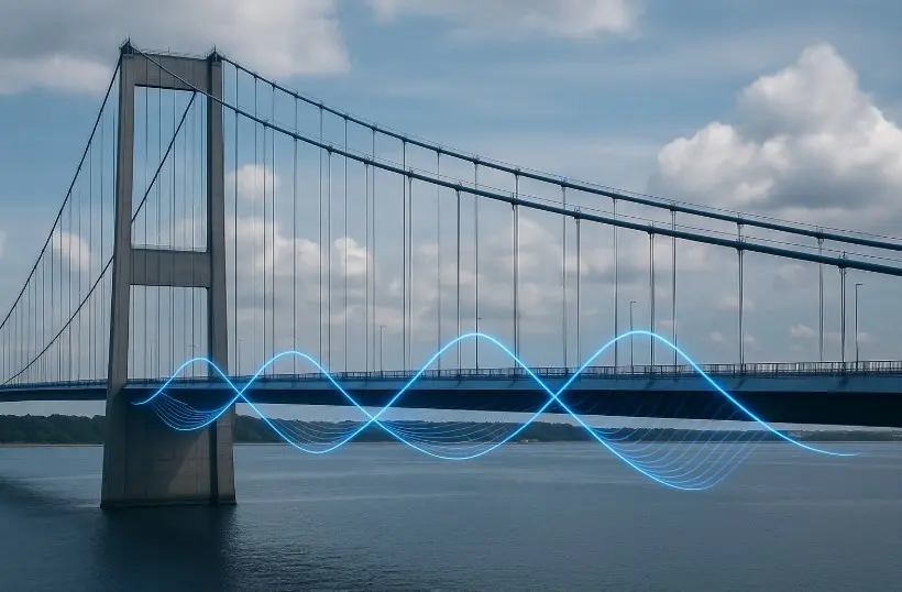 Puente colgante con representación visual de vibraciones de resonancia en color azul sobre el tablero.