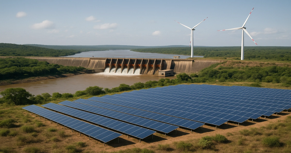 Infraestructura de transición energética en Brasil con represa hidroeléctrica, paneles solares y turbinas eólicas