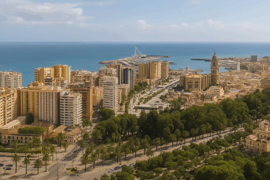 ista panorámica de Málaga con viviendas y el puerto al fondo