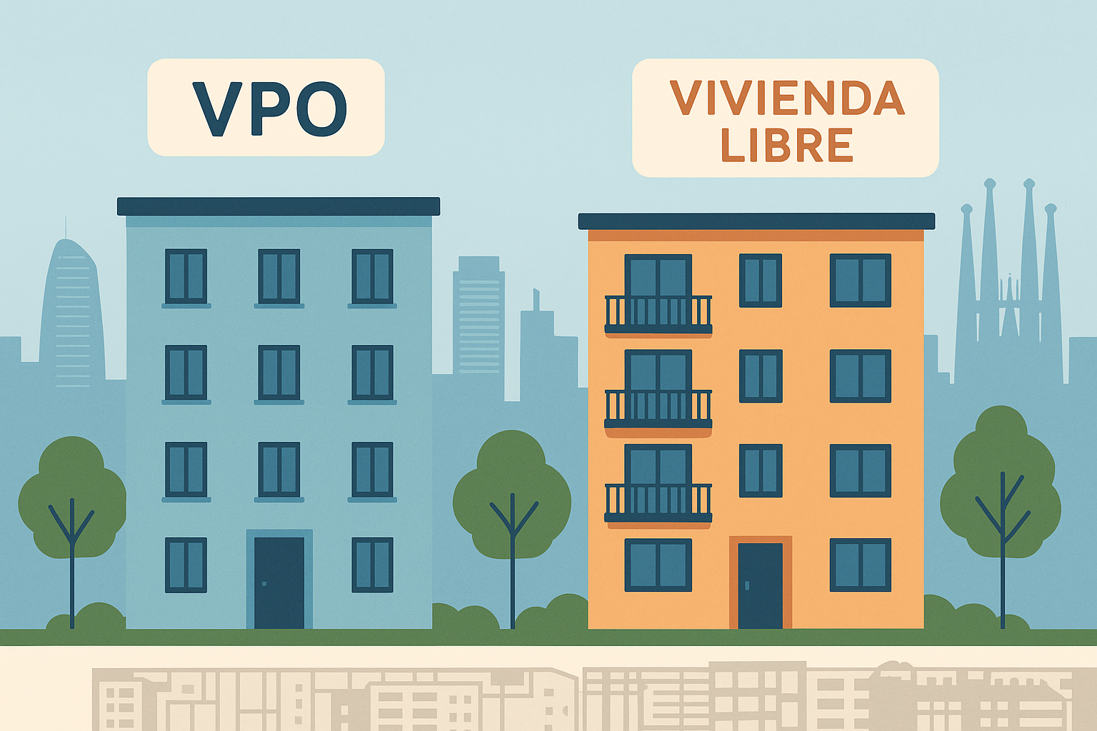 Ilustración de edificios en Barcelona con viviendas VPO obligatorias en nuevas promociones