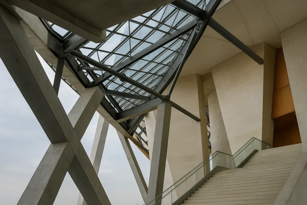 Detalle interior de un edificio moderno que muestra la integración entre arquitectura y estructura con vigas de acero y hormigón bajo una cubierta de vidrio.