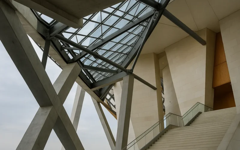 Detalle interior de un edificio moderno que muestra la integración entre arquitectura y estructura con vigas de acero y hormigón bajo una cubierta de vidrio.