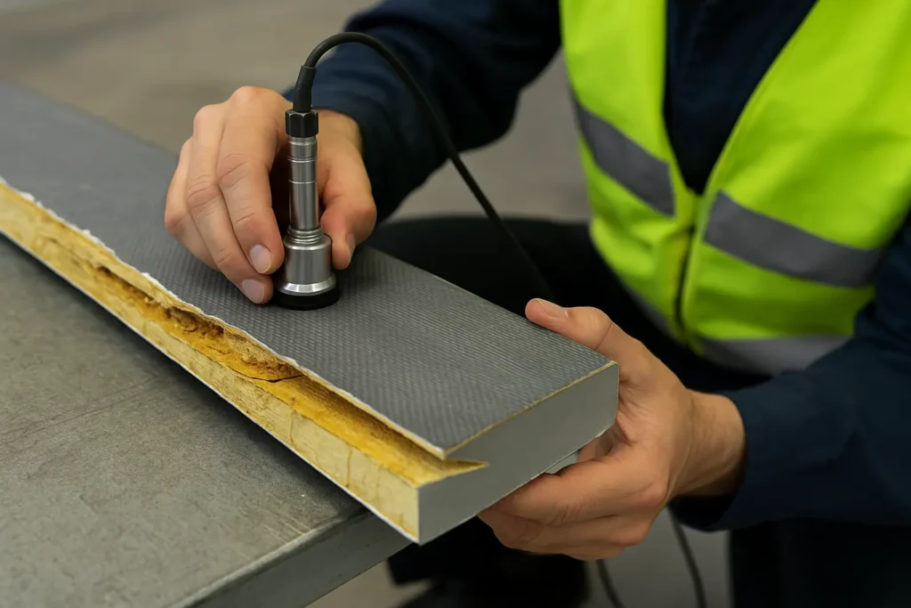Técnico inspeccionando un panel compuesto con capas separadas mediante sensor ultrasónico