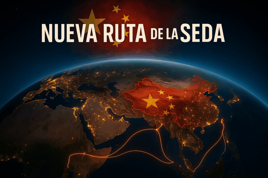 Nueva Ruta de la Seda mostrando trenes, puertos y carreteras que simbolizan el dominio económico global de China