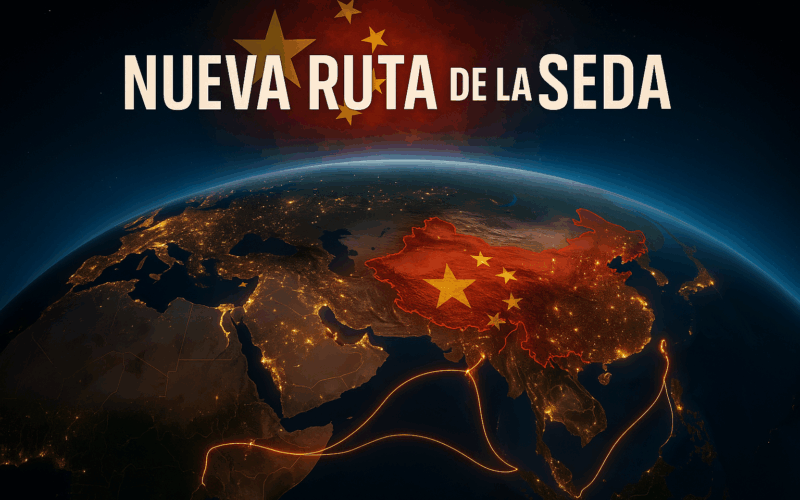 Nueva Ruta de la Seda mostrando trenes, puertos y carreteras que simbolizan el dominio económico global de China