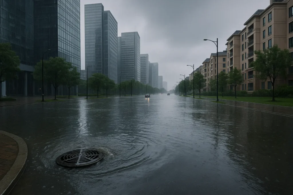 Ciudad moderna inundada por fallo de drenaje urbano tras fuertes lluvias.