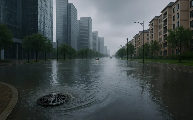 Ciudad moderna inundada por fallo de drenaje urbano tras fuertes lluvias.