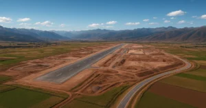 Aeropuerto de Chinchero 2026 en construcción sobre la meseta del Valle Sagrado en Cusco, Perú