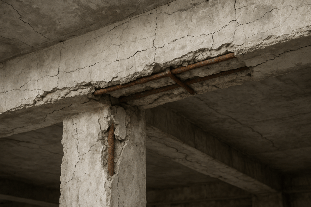 viga y pilar de hormigón con fisuras y armaduras oxidadas afectadas por aluminosis