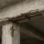 viga y pilar de hormigón con fisuras y armaduras oxidadas afectadas por aluminosis