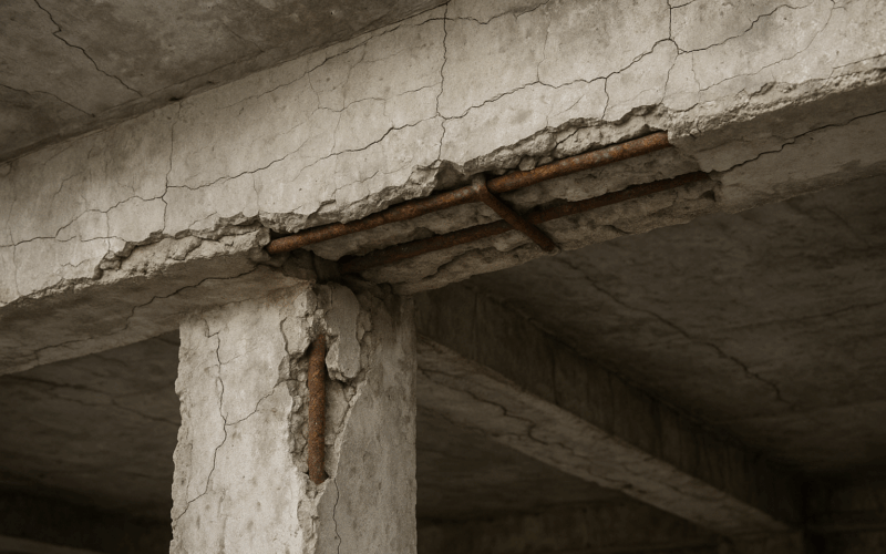 viga y pilar de hormigón con fisuras y armaduras oxidadas afectadas por aluminosis