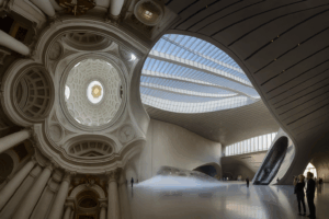 composición visual que une la cúpula barroca de San Carlo alle Quattro Fontane con el interior moderno del Museo de Chengdu, mostrando la influencia de la arquitectura de Bernini y Borromini en la arquitectura contemporánea