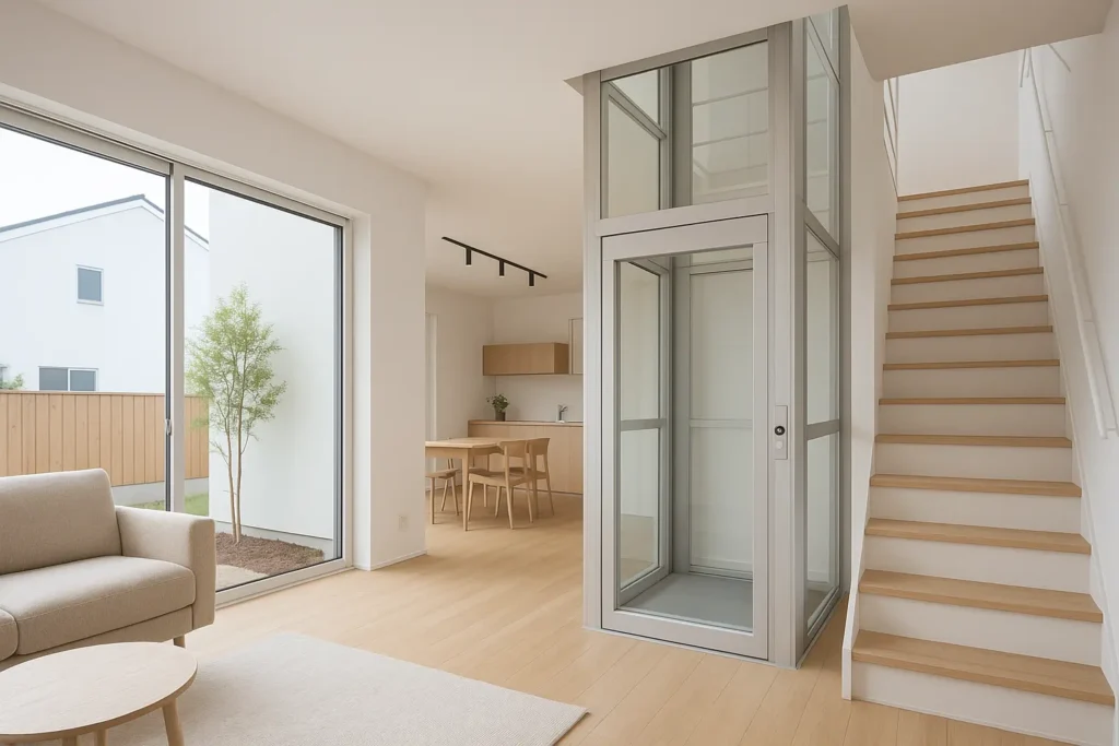 Ascensor de plataforma interior acristalado en vivienda unifamiliar minimalista y sostenible.